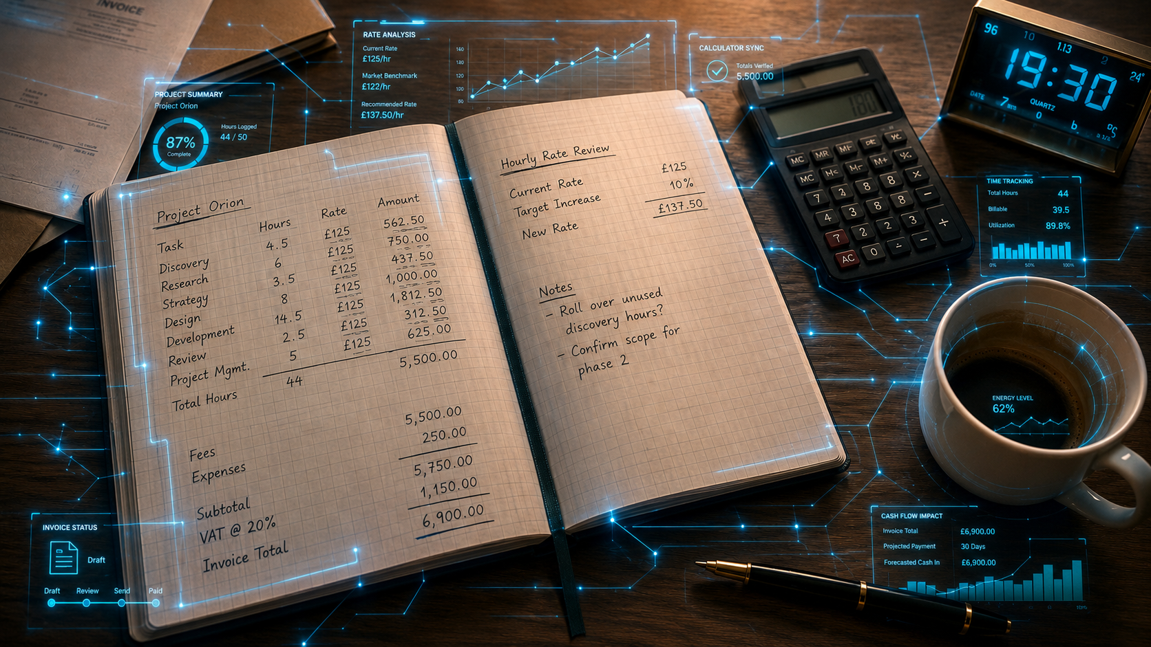 Cuaderno con cálculos manuales sobre una mesa de despacho al final del día